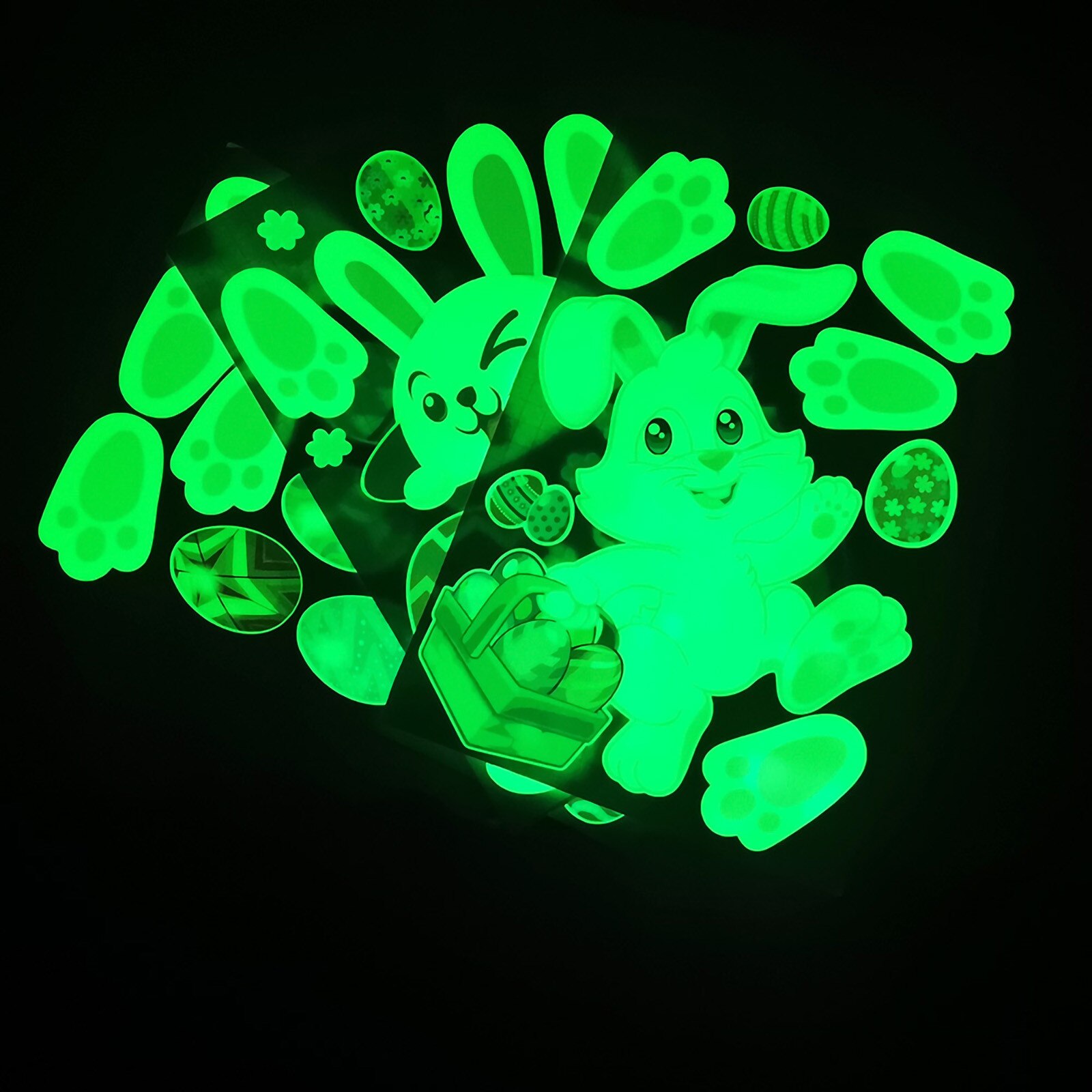 3 Vellen Gloeiende Pasen Bunny Sticker Konijn Hunt Ei Patroon Fluorescerende Sterrenhemel Sticker Lichtgevende Groen Licht Decal