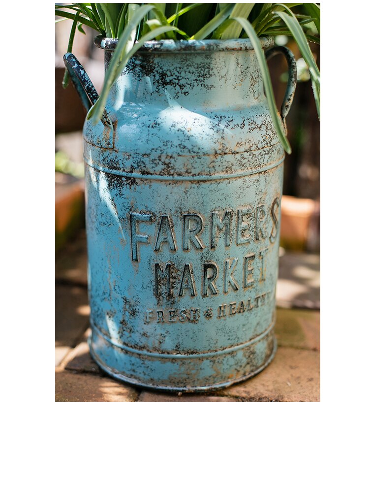 rustic blue metal milk can flower arrangements