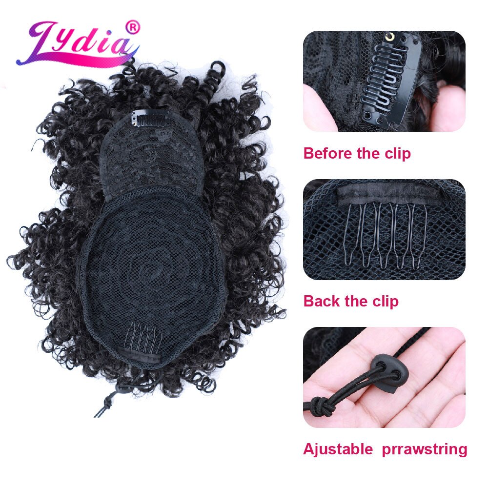 Lydia-coleta rizada Afro sintética de alta Puff con lazo, postizo corto, moño de urdimbre, Clip, extensión de pelo, 140g