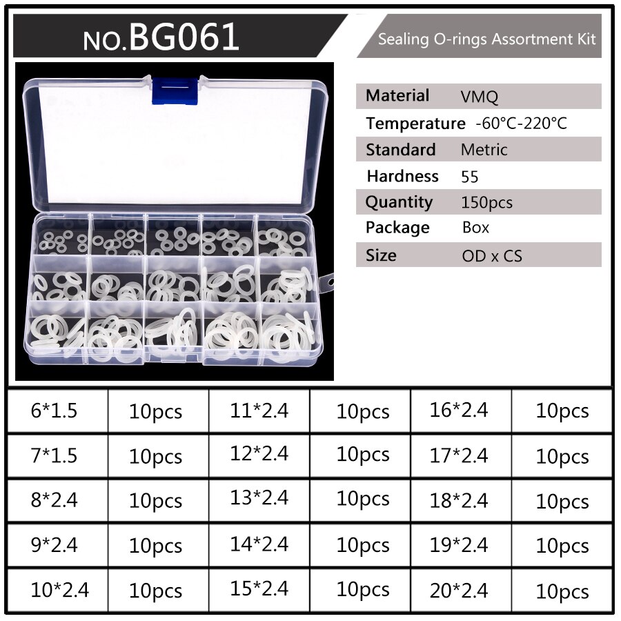 Silicone VMQ Blanc Joints toriques OD 6mm-20mm CS 1.5mm 1.9mm Durable JOINTS TORIQUES Assortiment Kit 10 Tailles 150 Pièces/ensemble BG037: BG061 x1