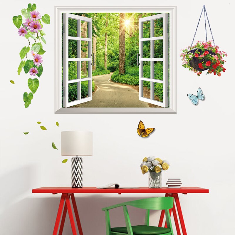 Sticker Mural Panoramique Fenêtre Jungle & Lacs - 48x32 Pouces - Déco Tropicale