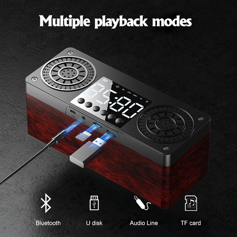 Houten Bluetooth Speaker Draagbare Draadloze Luidsprekers Bass Stereo Subwoofer Met Handsfree Tf Card Aux MP3 Fm Speler Wekker