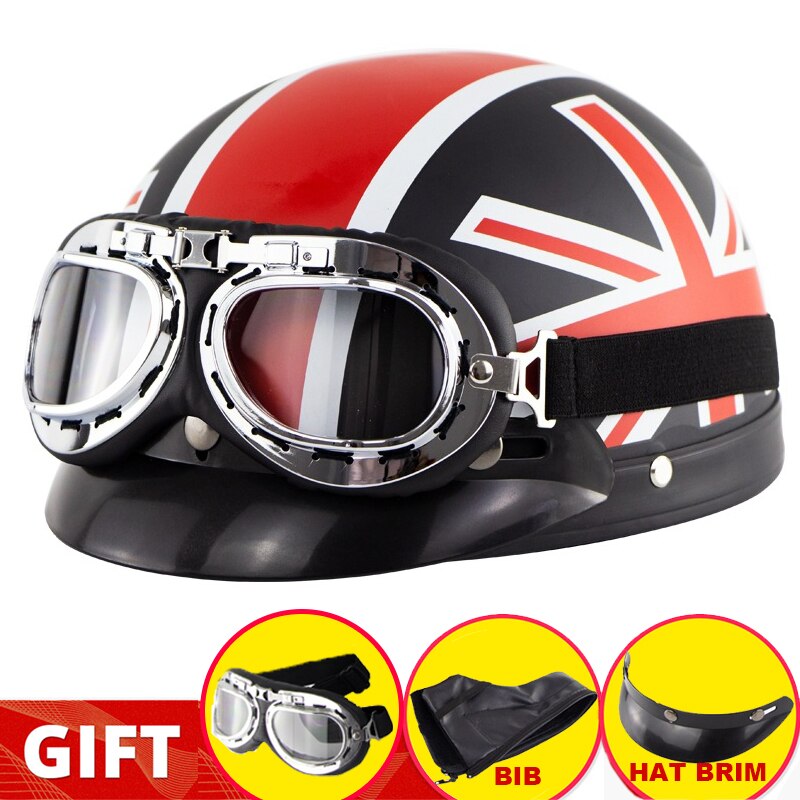 Retro Motorcycle Half Helmet Riding Vintage Cruiser Touring Half Helmets Moto Bicycle Scooter Skating Baseball Cap with Goggles: Red Black