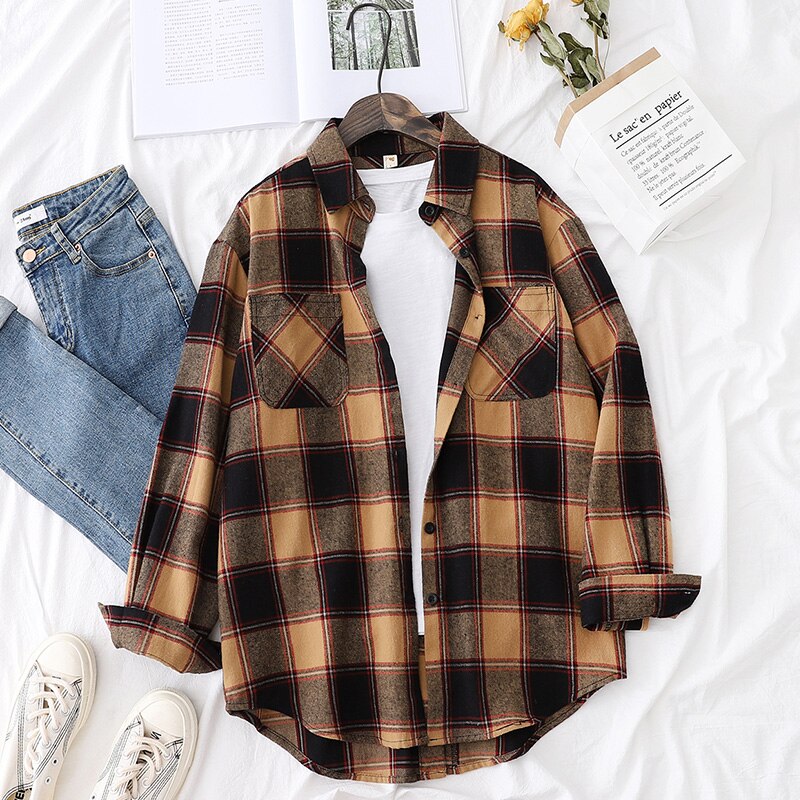 otoño Tops y Blusas para mujer mujeres camisa a cuadros de de estilo suelto blusa Casual de ropa de dama Blusas: Yellow / M
