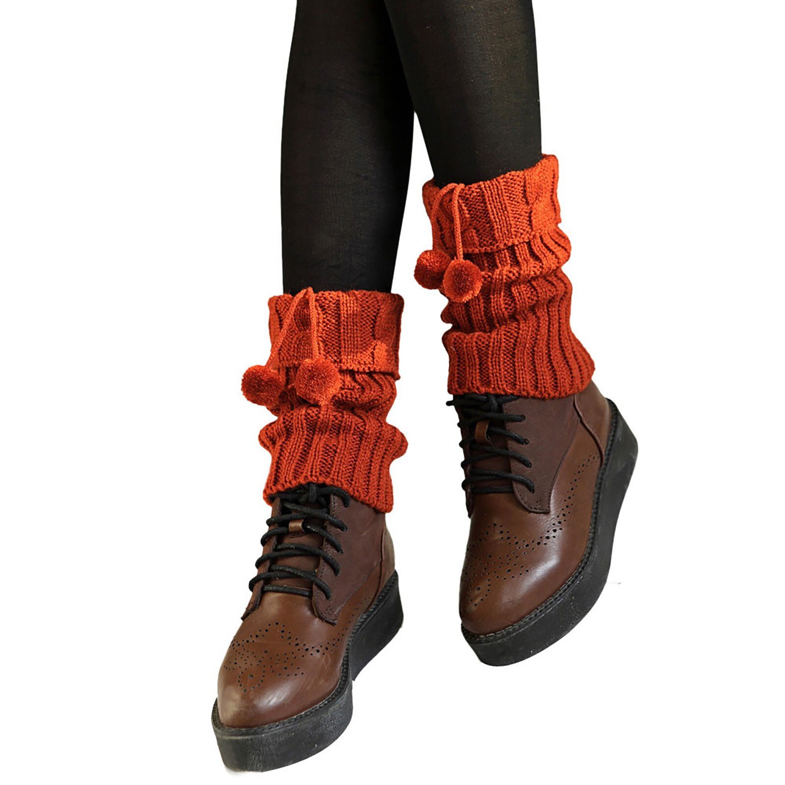 Calentador de piernas para mujer, 1 par, cálido, hasta la rodilla, punto giratorio, Bola de Pelo, ganchillo, calcetines, calentadores de bota: Orange