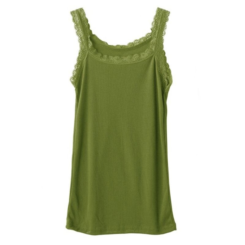 Vrouwen Zomer Mouwloze Tank Solid Candy Kleur Basic Hemdje Bloemen Kant Trim Geribbelde Gebreide Casual Ondergoed Slanke Vest: Army Green