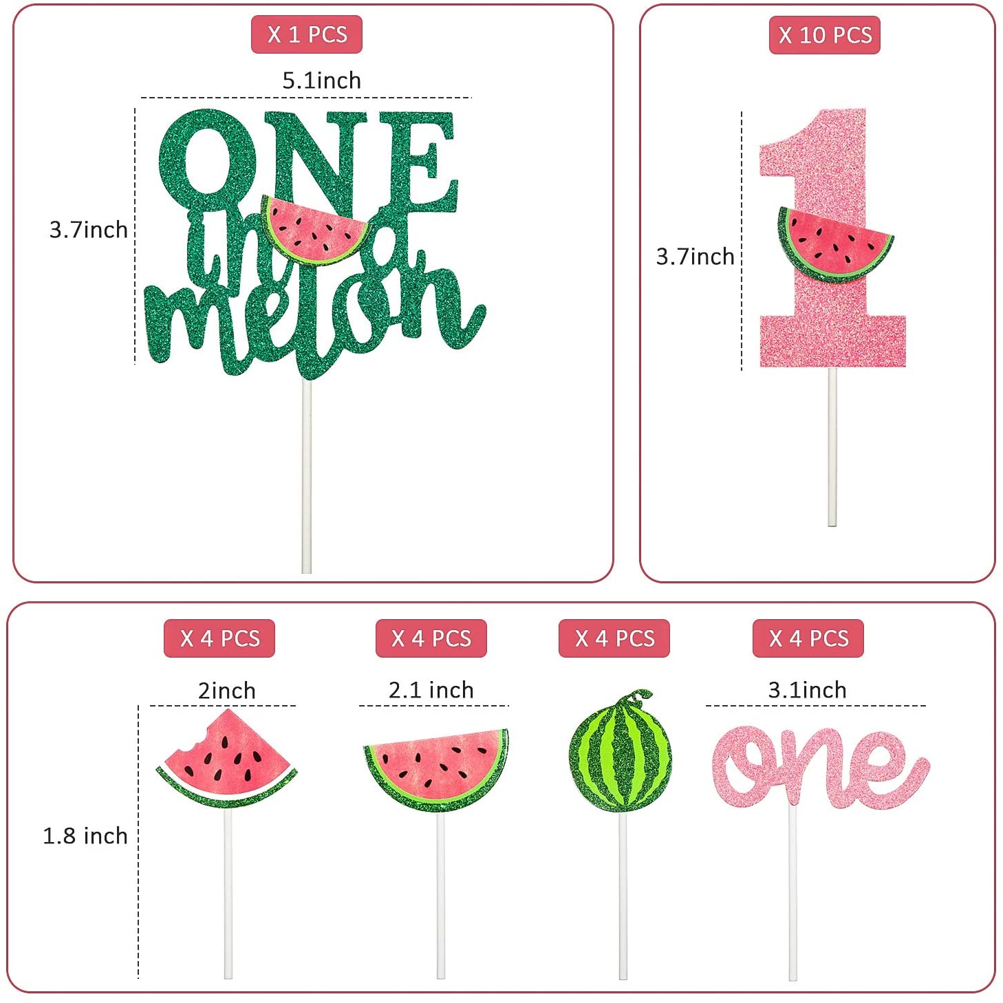 One in a Melon Cake Topper Glitter Watermelon Cupcake Topper 1st Birthday Party Cake Decor Watermelon Themed Kids Party Supplies