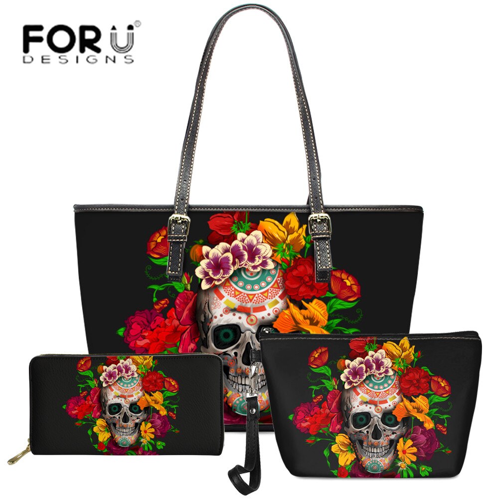 Forudesigns Gothic Schedel 3 Stuks Set Schoudertassen 3D Schedels Print Vrouwen Grote Rits Handtassen Set Met Portemonnee vrouwelijke: HTE637DP-Z8-Z21