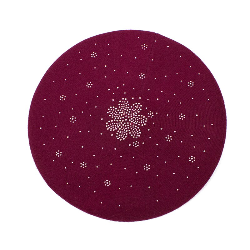 Geebro Women's Berets Hat Solid Color Wool Knitted Berets With Rhinestones Ladies French Artist Beanie Beret Hat GS108: Wine Red