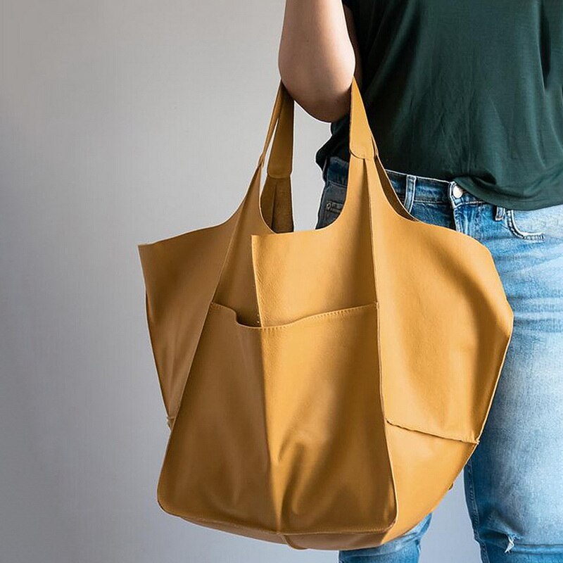 lässig Weiche Große Kapazität Tote Tasche Frauen Handtaschen Luxus Tasche Pu Leder Schulter Tasche retro Große Käufer Reisetasche Pack: A-Gelb