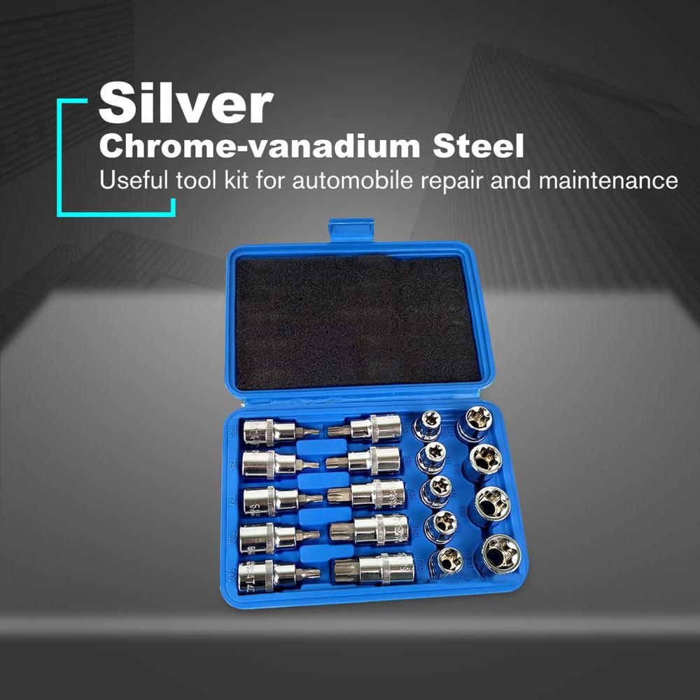 19pcs 1/2in Socket Set Drive Star Socket Bit Socket Set E10 - E24 Torx T20 - T70 Socket Pressure Batch Set Repair Tools