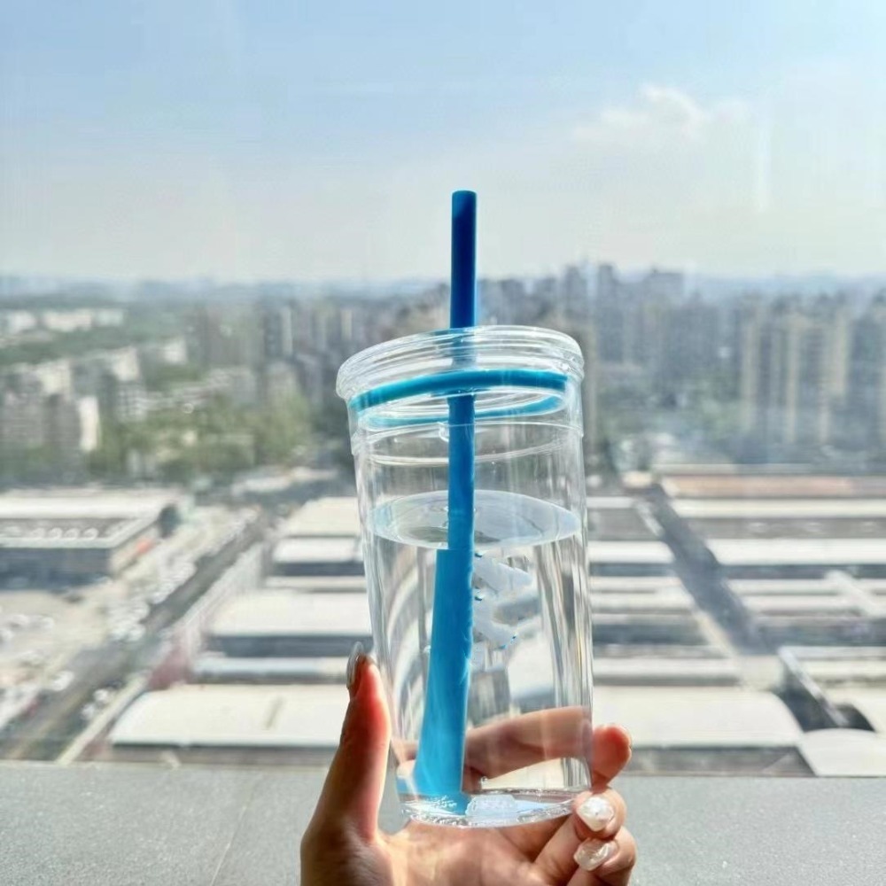 Taza con pajita portátil de 450ml, vaso transparente de una sola capa para beber, vaso de plástico reutilizable para coche, hogar