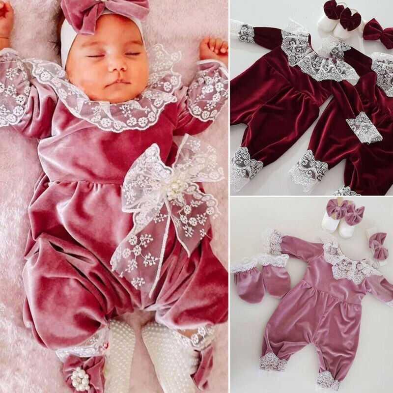 0-24M Infant Kids Baby Girls Boys Rompers Velvet Lace Long Sleeve Jumpsuits Clothes Headband 2pcs