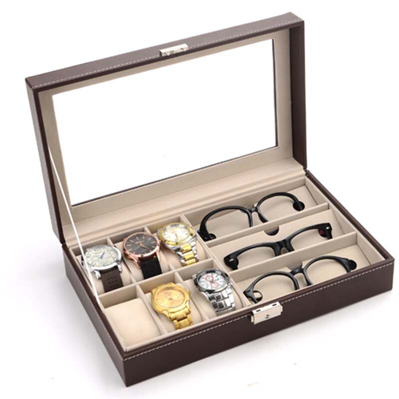Watch Box Clock Box Watch Case Time Box Jewelry Box Jewellery organizer Jewellery holder for Glasses and Watch Holding: PU Coffee beige