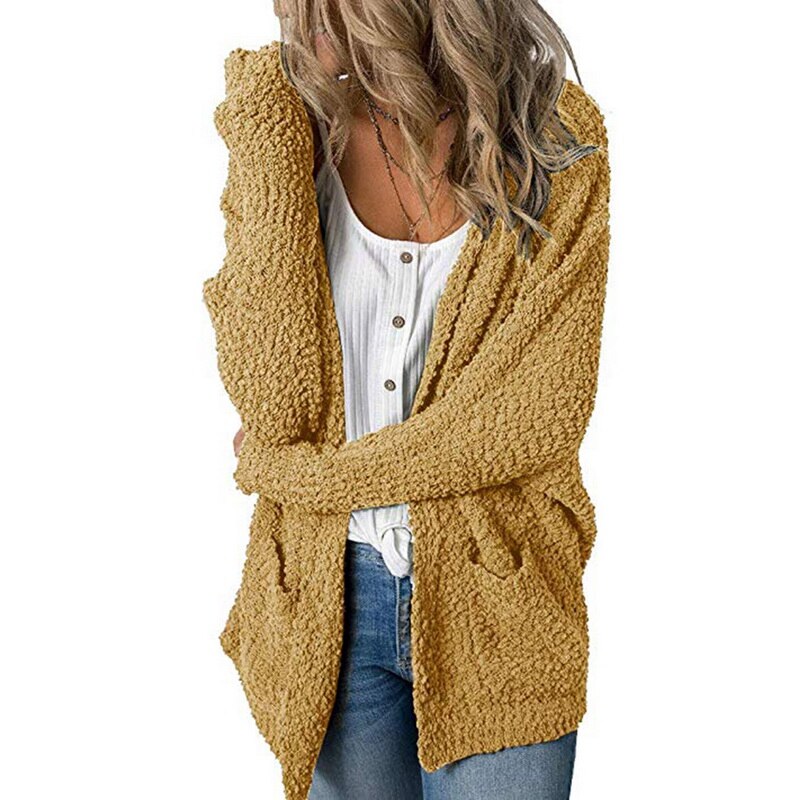 Las mujeres delgadas suéteres de Batwing manga larga Cardigan otoño punto cárdigan abierto por delante abrigo sudadera con bolsillos de chaqueta: Yellow / XL