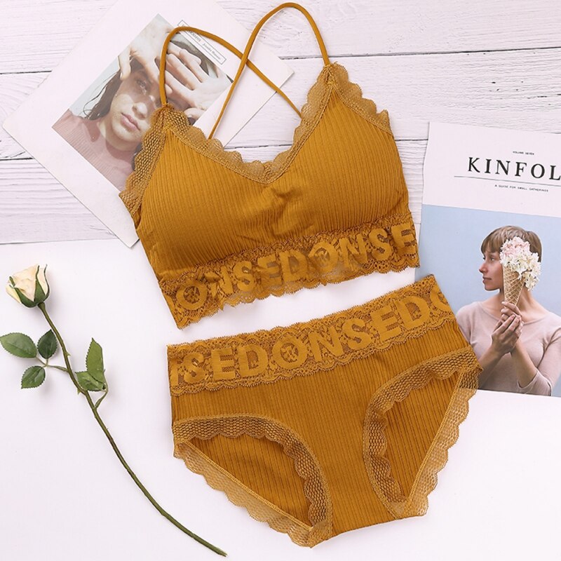 Lingerie Set For Ladies Sexy Lace Trim Bra Sets Comfy Breathable Tube Top Bras Panties 2 PCS Sets: YELLOW