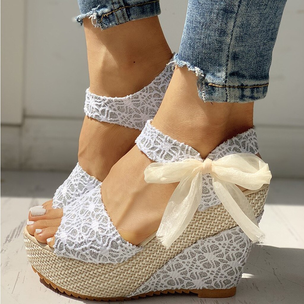 Sandales d'été à talons compensés pour femmes, chaussures de plage à lacets, motif Floral: White / 9