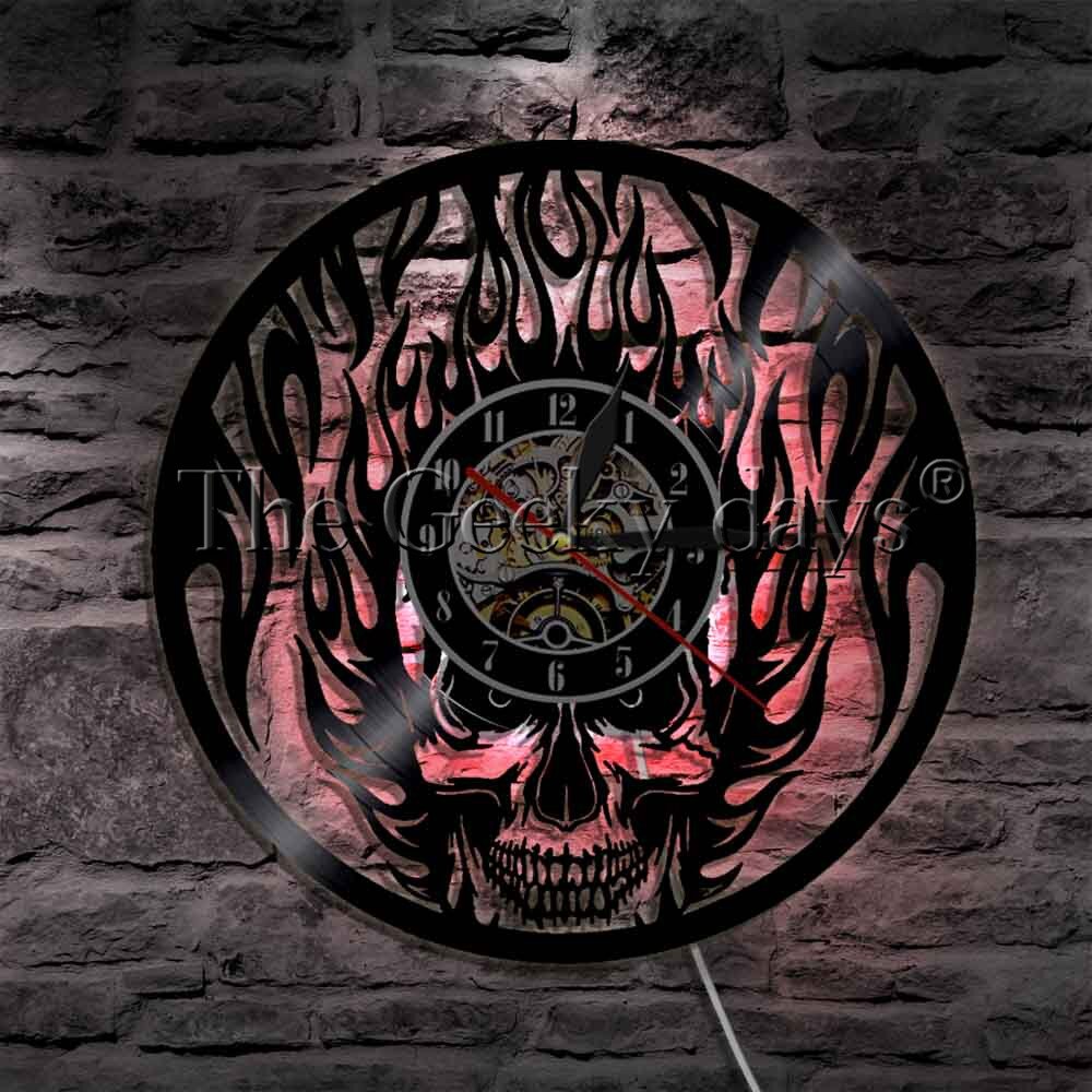 1Piece Black Fire Skull Wall Clock Cranium Horror Vinyl Clock LP Record Death's Head Decorative Clock Led Lighting