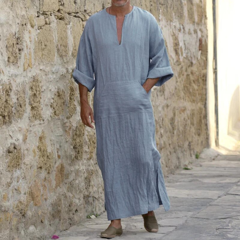 Mannen Islamitische Kaftan Katoen Lange Robe Dress Lange Mouwen Pockets V-hals Lounge Mannen Islamitische Arabische Kaftan Lange Pyjama Gewaad 5XL: Blue / S