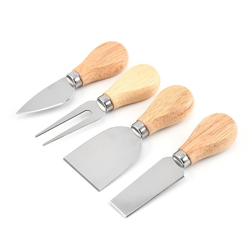 4pcs/set Stainless Steel Cheese Cutter Set Wooden Handle Cheese Knife Shovel Fork Set Slicer Kit Kitchen Cooking Baking Tools