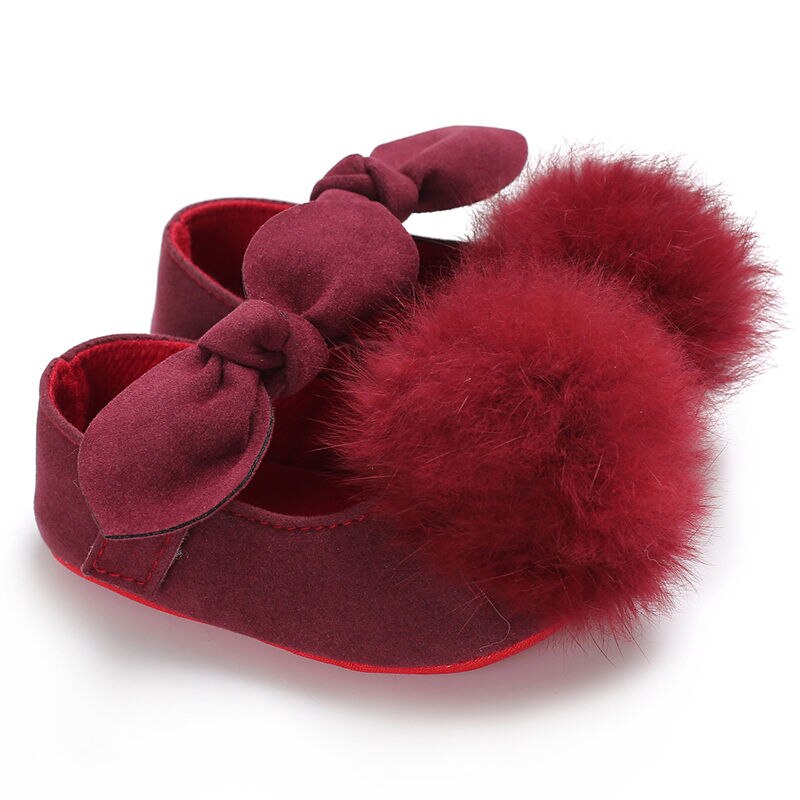 Chaussures en fourrure pour bébés filles de 0 à 18 mois, à la , semelle souple, avec pompon, pour les premiers pas,: Rouge / 2