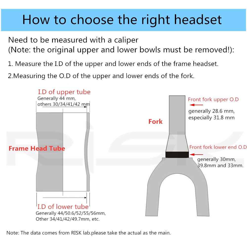 RISK DH-562 Bicycle Headset 44-56/44-55mm Aluminum CNC 1 1/8"-1 1/2" 1.5 Bike Tapered Tube fork Straight Steerer Double Bearing