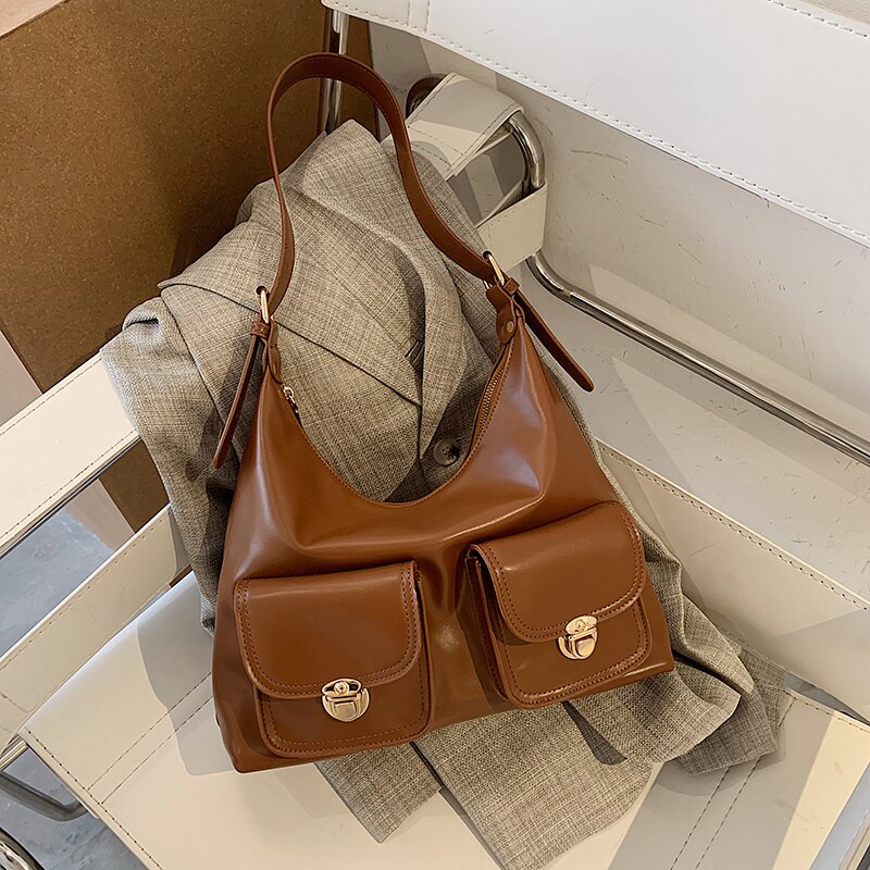 Bolso pequeño Hobo de piel negra para mujer, bandolera de hombro con múltiples bolsillos, Color puro, de de , populares,: Brown