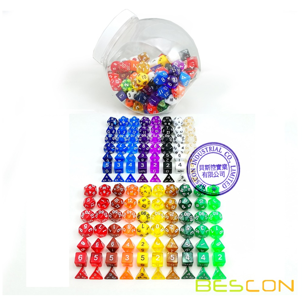 Bescon assorteret farvet rpg-terningepakke  of 126 polyhedrale terninger 18 komplette sæt  of 7 terninger 18 forskellige farver - klart terningekar-sæt