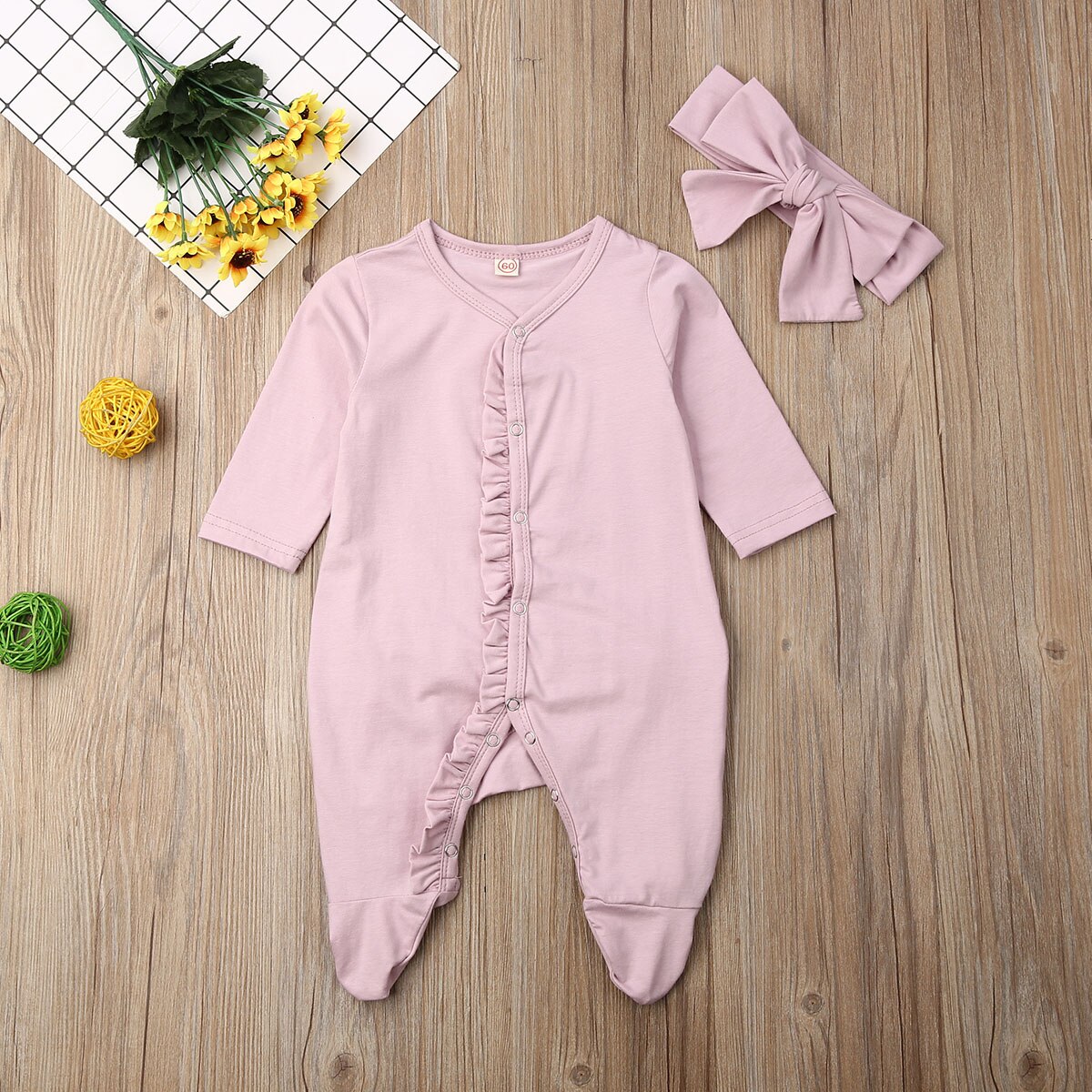 0-12M Baby Baby Jongens Meisjes Footies Ruches Lange Mouwen Effen Nachtkleding Hoofdband Kleding Knoppen