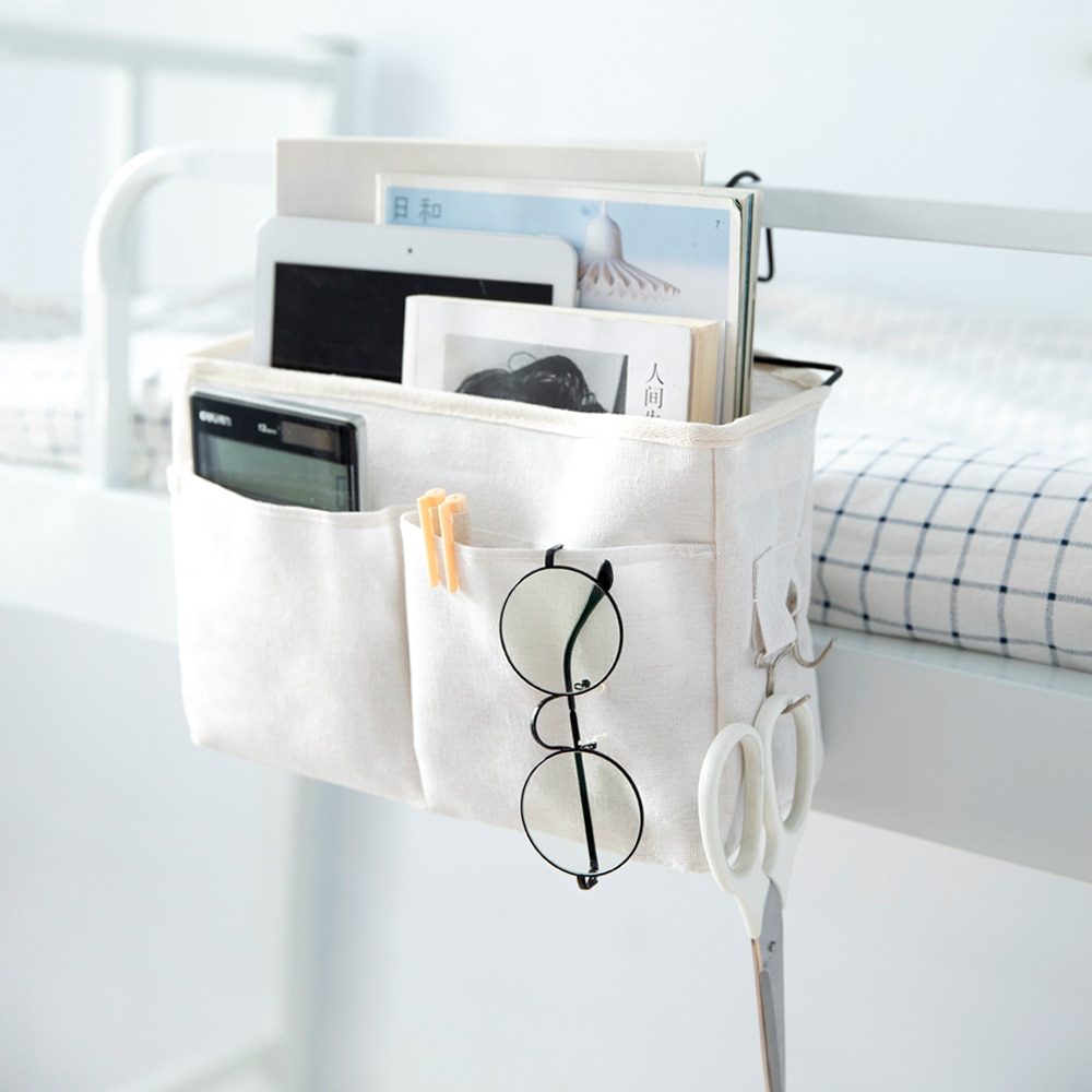 1 Pcs Bedside Hanging Storage Organizer Bedside Caddy With Metal Hooks Bunk Bed Storage Pocket For Books Phones Tablets