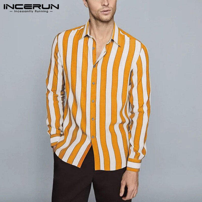 Camisas masculinas moda listrado botão blusa incerun manga longa lapela vestido camisas primavera homem solto casual streetwear S-5XL