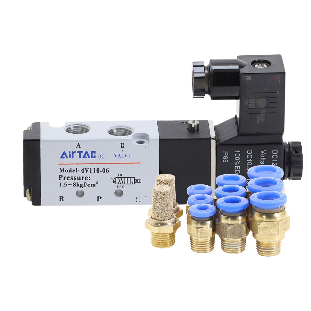 AIRTAC 4V110-06 5 vías 2 posiciones 1/8 "Electroválvula neumática DC 24V DC 12V AC 110V AC220V con 4mm 6mm 8mm racor