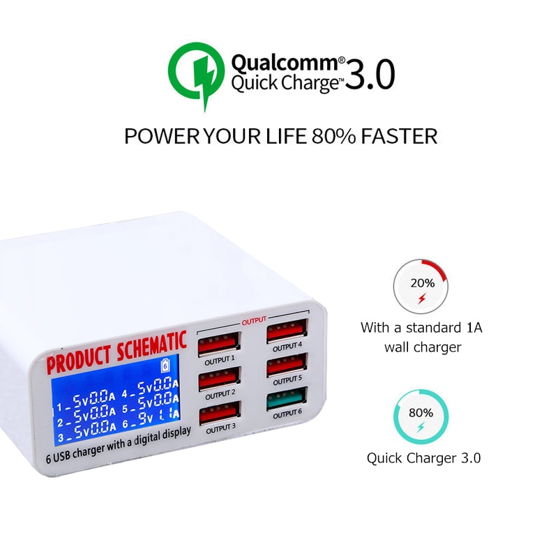 6 porta Display Digital Estação De Carregamento Usb Ue Eua Reino Unido Plug de Telefone Celular Usb Carregador Rápido Para Iphone 11 Xs max X 8 7 6 Ipad Pro/air