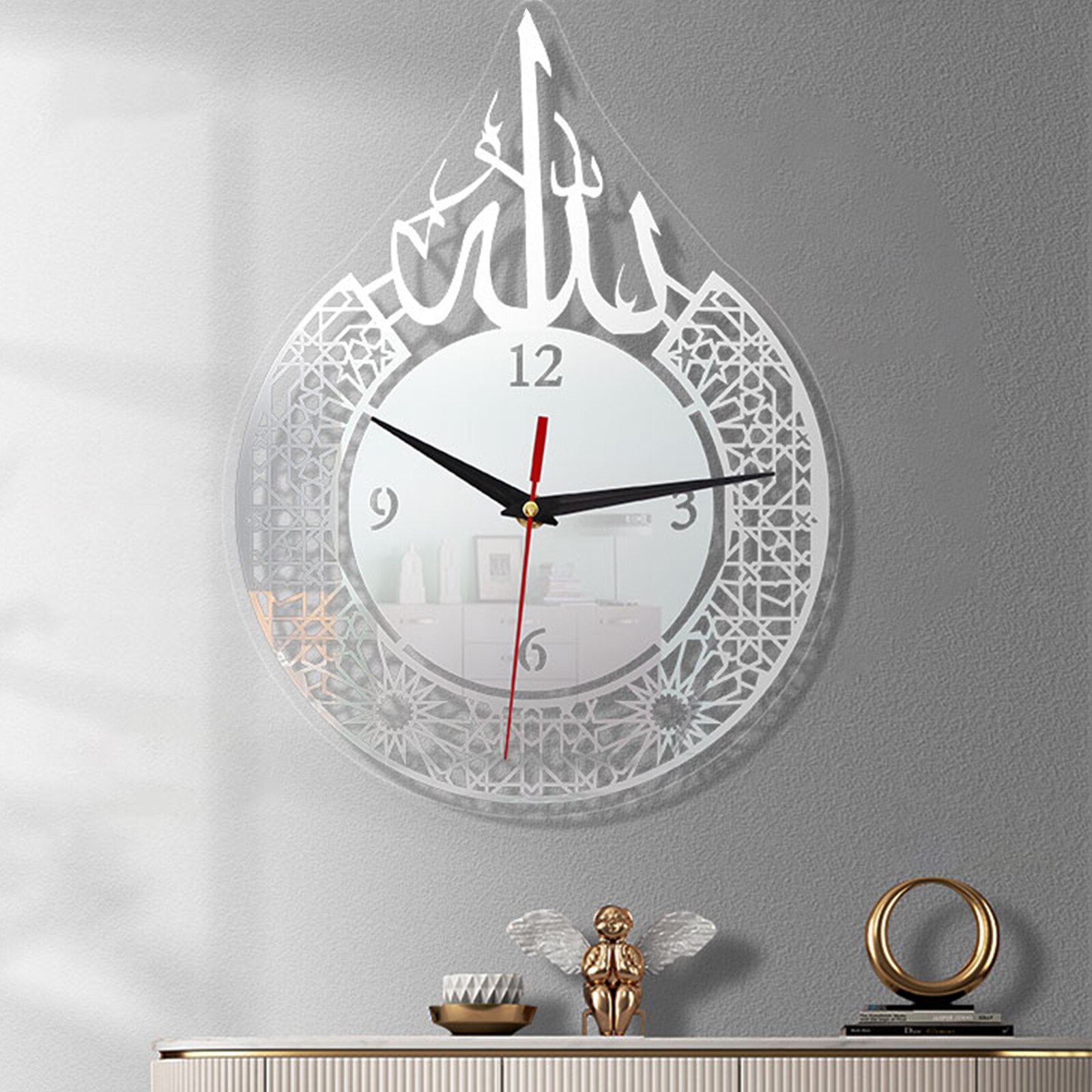 Horloge murale à Quartz islamique silencieuse, pendule musulman, décoration du Ramadan, horloge mobile, yeux de queue atomiques flexibles: Argent