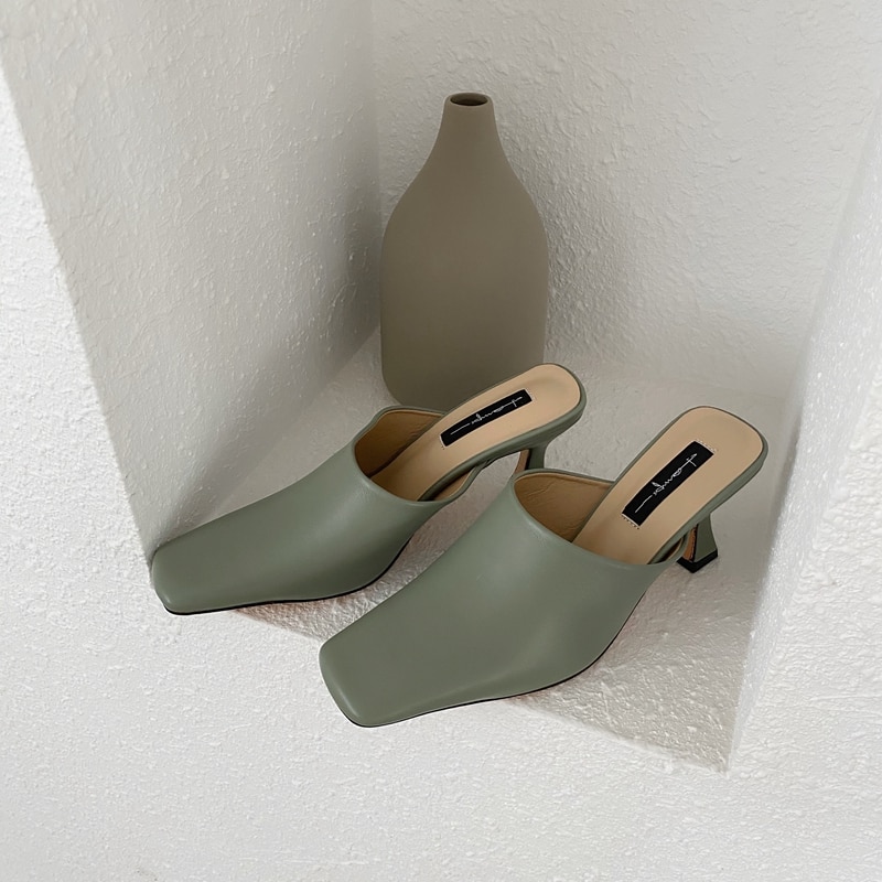 Mules à bout carré pour femmes, chaussures à talons, couleurs unies, hautes (5cm-8cm), collection chaussons pour femmes