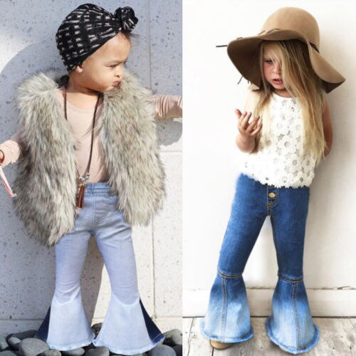 Småbørn børn baby pige bell jeans underdele bukser denim boot cut brede ben jeans bukser piger