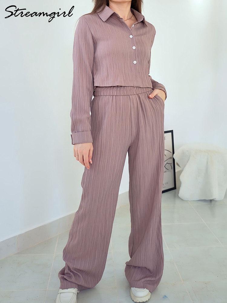 Sommersæt med crop top og bukser til kvinder, 2- delte lige bukser, damejakkesæt, 2-delte sæt til kvinder, skjorte og bukser