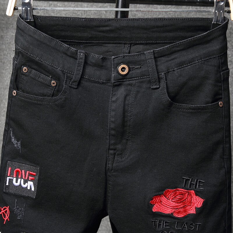 Mens Black Ripped Stretch Denim Jeans Flower Embroidery Men Skinny Jeans Scratched Pants