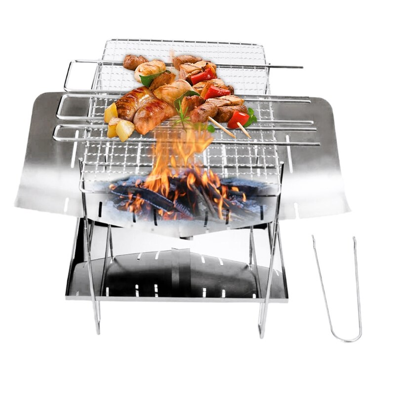 Camping Wood Stove Grill Folding Stainless Steel Firewood Buring Stove for Camping Cooking Picnic BBQ