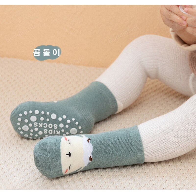 Kids Socks Baby Boy Winter Warm Socks Anti-slip Cartoon Animals Cotton Terry Thicken Socks Floor Home Rubber Sole Lion Fox Bear