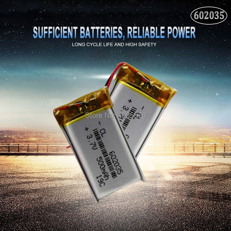 3,7 v 500 mah 602035 lithium-ion polymer battery 602035 for dvr gps car tachographs bluetooth headphones battery: 2pc