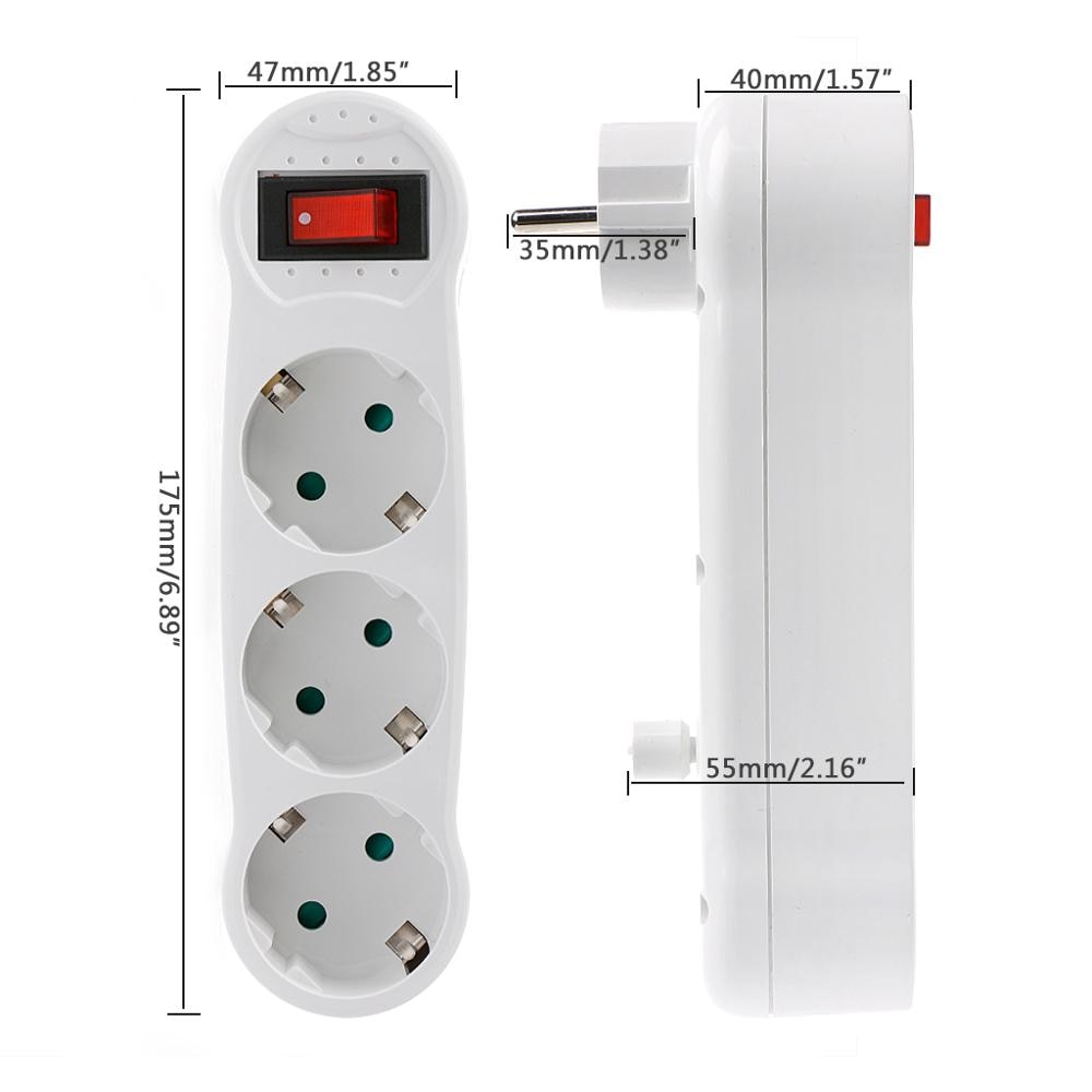 EU Power Adapter Socket - 1 to 3 Way Conversion Plug - 16A - Overload & Surge Protection