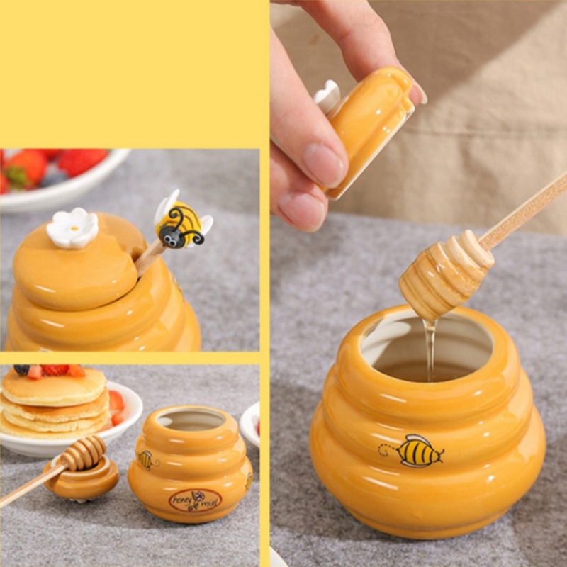 Ceramic Beehive Honey Pot and Wooden Dipper Honey Jar with Lid Honey Stir Bar for Honey Jar Supplies Kitchen Accessories