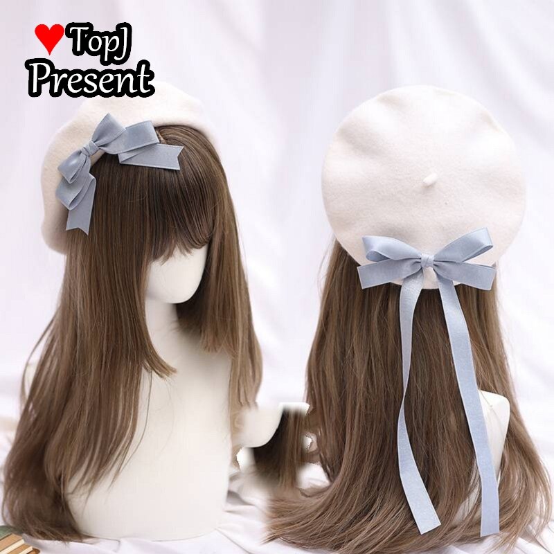 Boina japonesa de cinta Lolita, gorra de pintor desmontable multicolor, con lazo, hecha a mano: White and blue