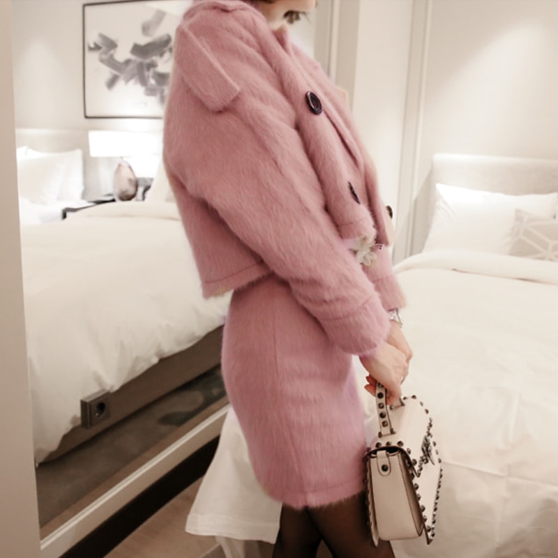 Ull dame høst og vinter dress krage jakke + slim bag hip skjørt todelt dress