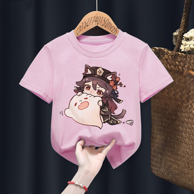 Hu Tao Genshin Impact Print Red Kid t-shirt bambini bambino nero Harajuku Kawaii vestiti ragazzo ragazza top regalo presente, nave di caduta: pink / 9T 145-155cm