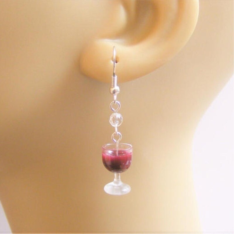 Wine Earrings, Miniature Food Earrings, Miniature Food Jewelry Handmade Jewelry Mini Food Jewelry for wine Lover: Wine red