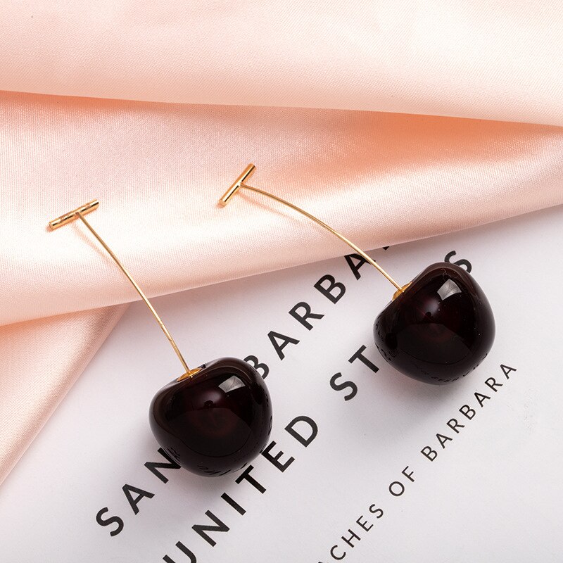 Pendientes de simulación de cereza roja para mujer y niña, aretes de resina dulce, color dorado, , 1 par, novedad