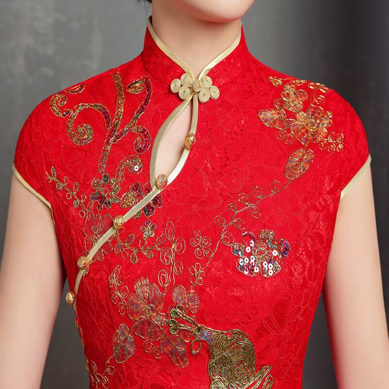 Robe Cheongsam de mariage chinoise traditionnelle, rouge, longue, brodée, style rétro, en dentelle, grande taille 6XL, robe de toast pour femmes