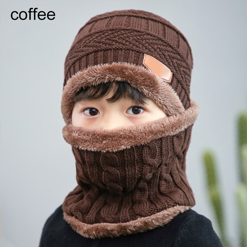 1 pz cappello sciarpa Set bambini fagiolo lavorato a maglia sciarpa berretto bambini autunno inverno pile caldo cappello sciarpa lavorata a maglia per ragazzi ragazze: coffee
